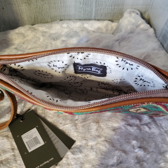 Myra Bag Myrtle Spots Pouch Canvas and Leather Top Zip Wristlet - Picture 5 of 7